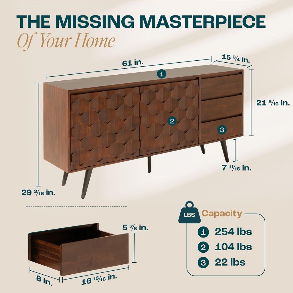 Georgina Mid‑Century Solid Wood Sideboard
