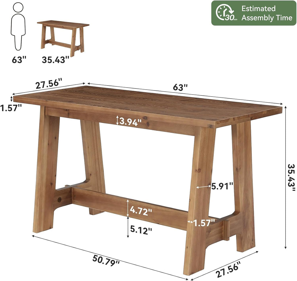 63 Inch Farmhouse Solid Wood Bar Table