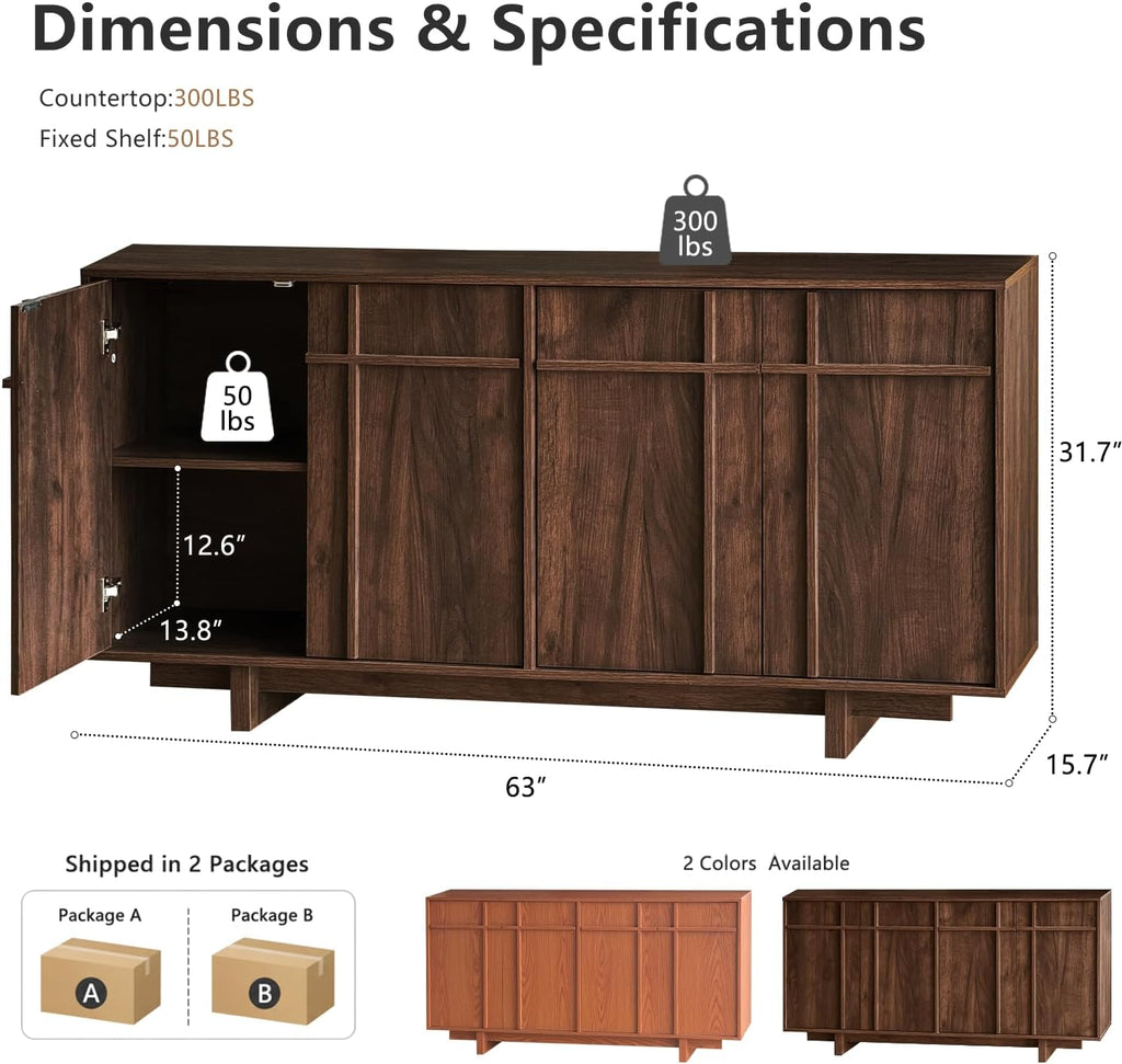 63 Inch Walnut Sideboard Buffet Cabinet