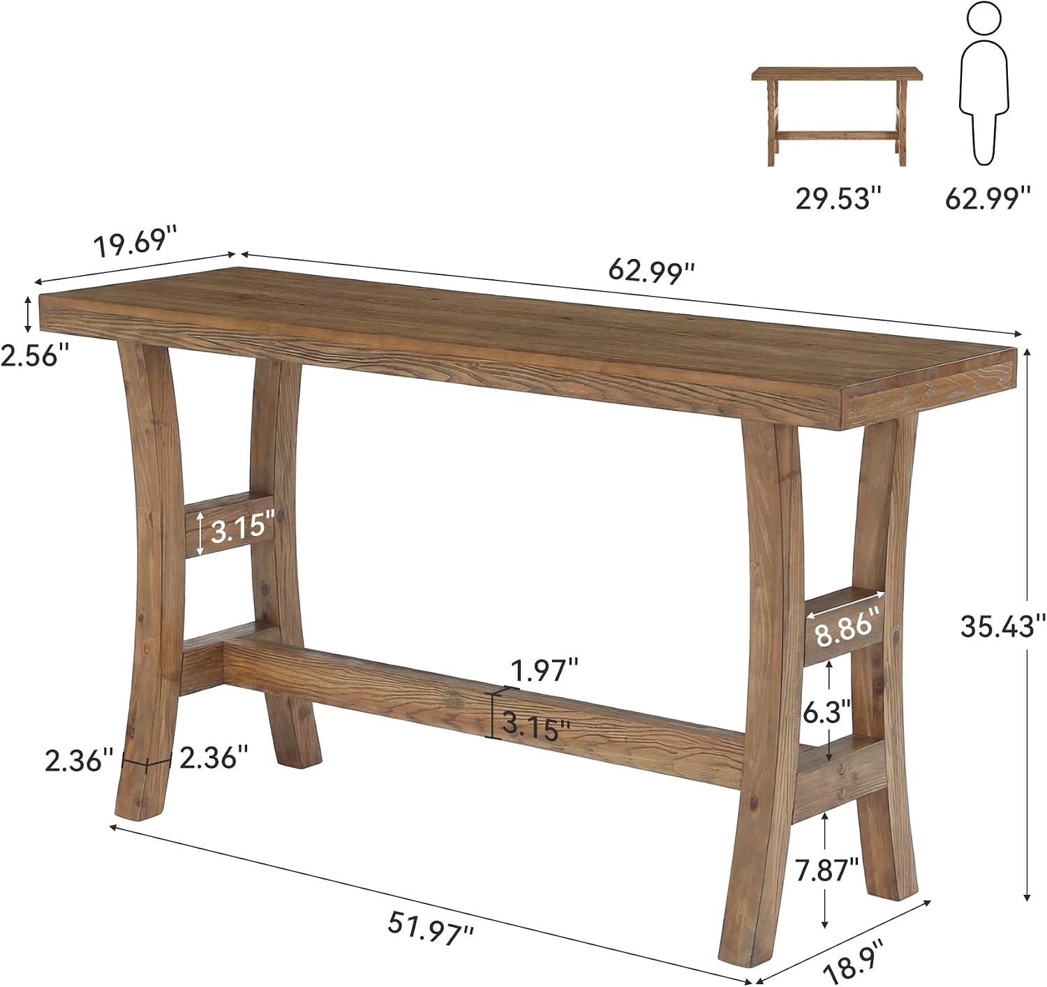 63 Inch Farmhouse Solid Wood Bar Table