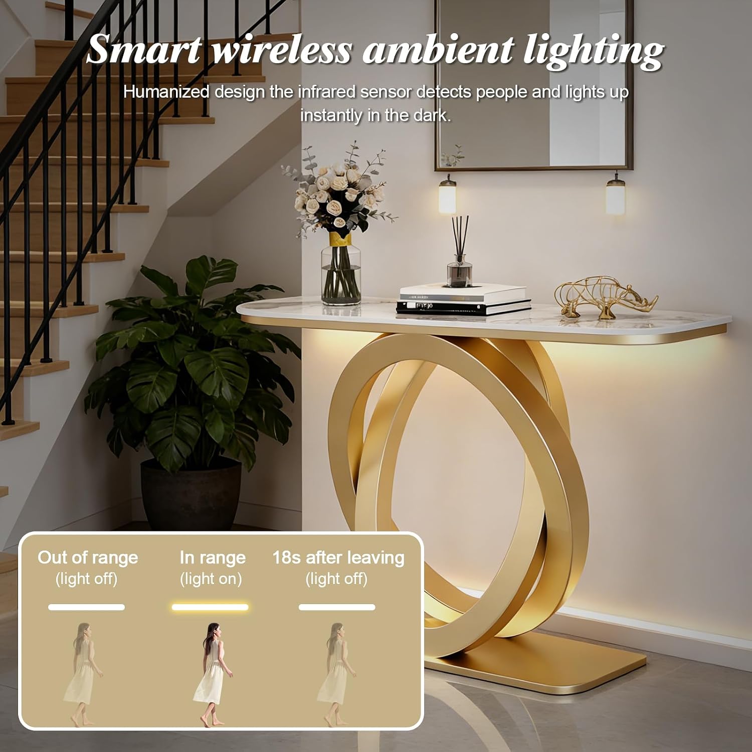 White‑Gold LED Marble Console Table