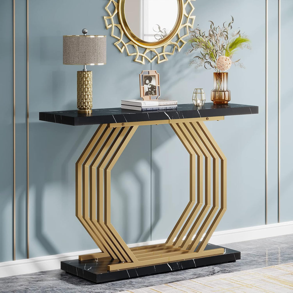 Black‑Gold Faux Marble Console Table