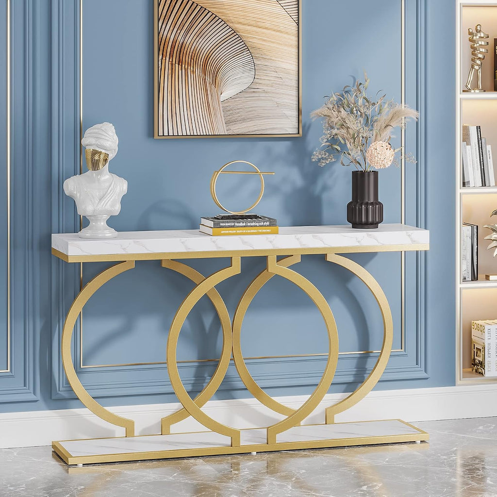 White‑Gold Faux Marble Console Table