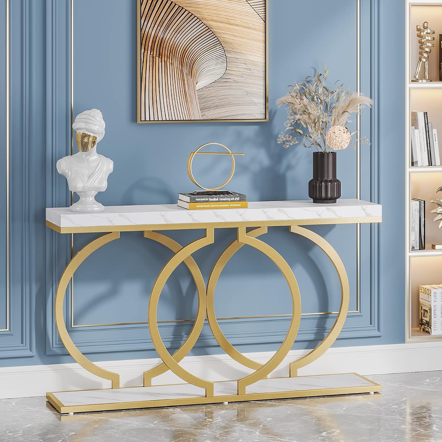 White‑Gold Faux Marble Console Table