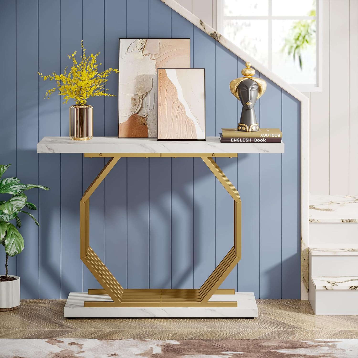 White‑Gold Faux Marble Console Table