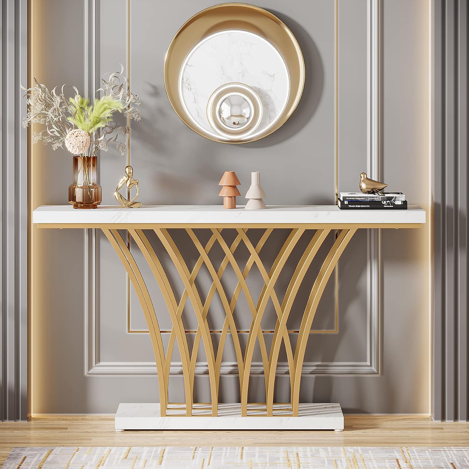 White Faux Marble Gold Console Table