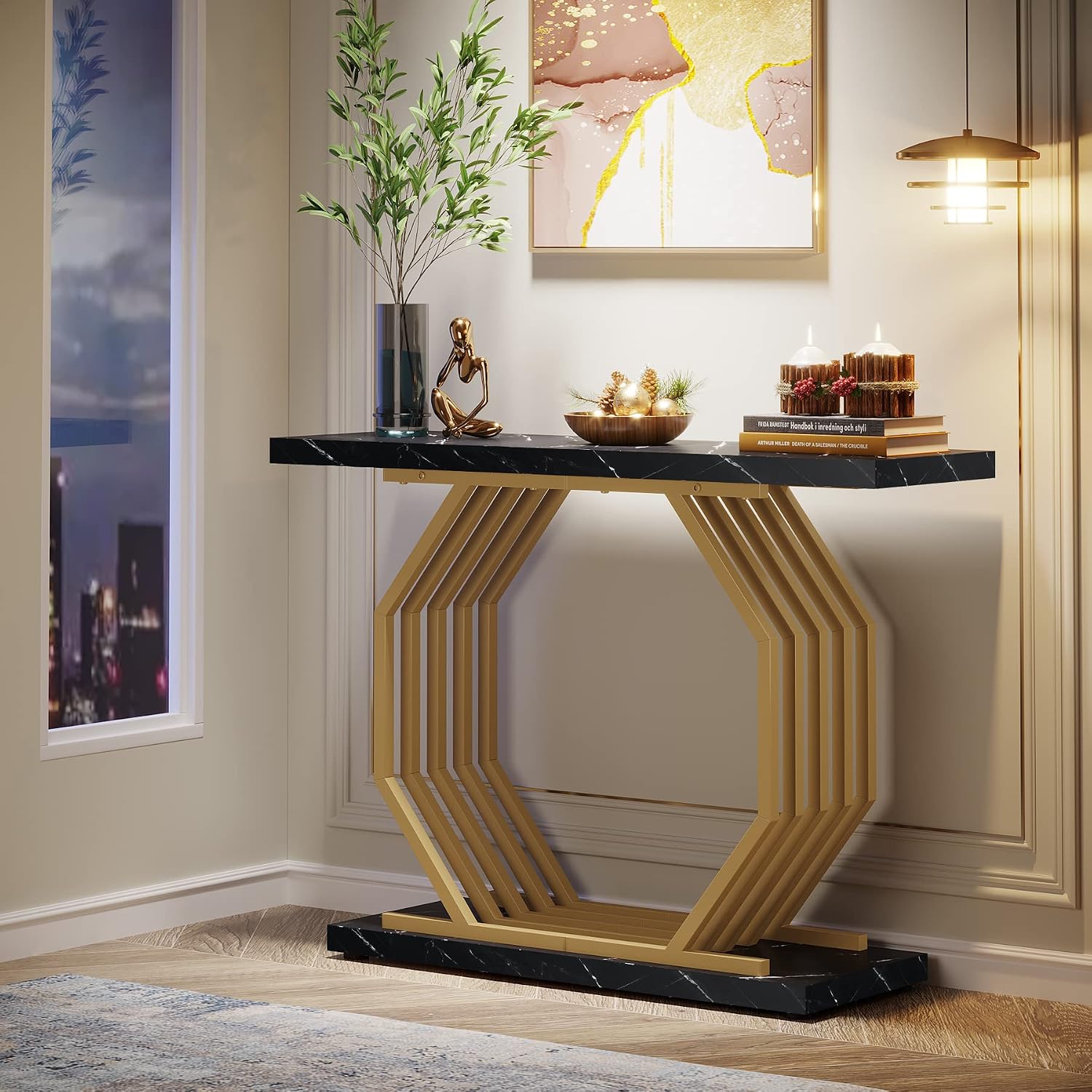 Black‑Gold Faux Marble Console Table