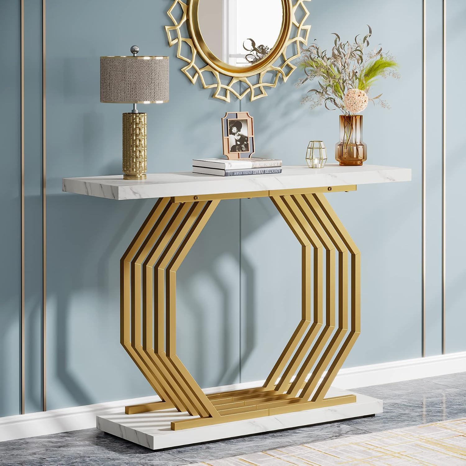 White‑Gold Faux Marble Console Table