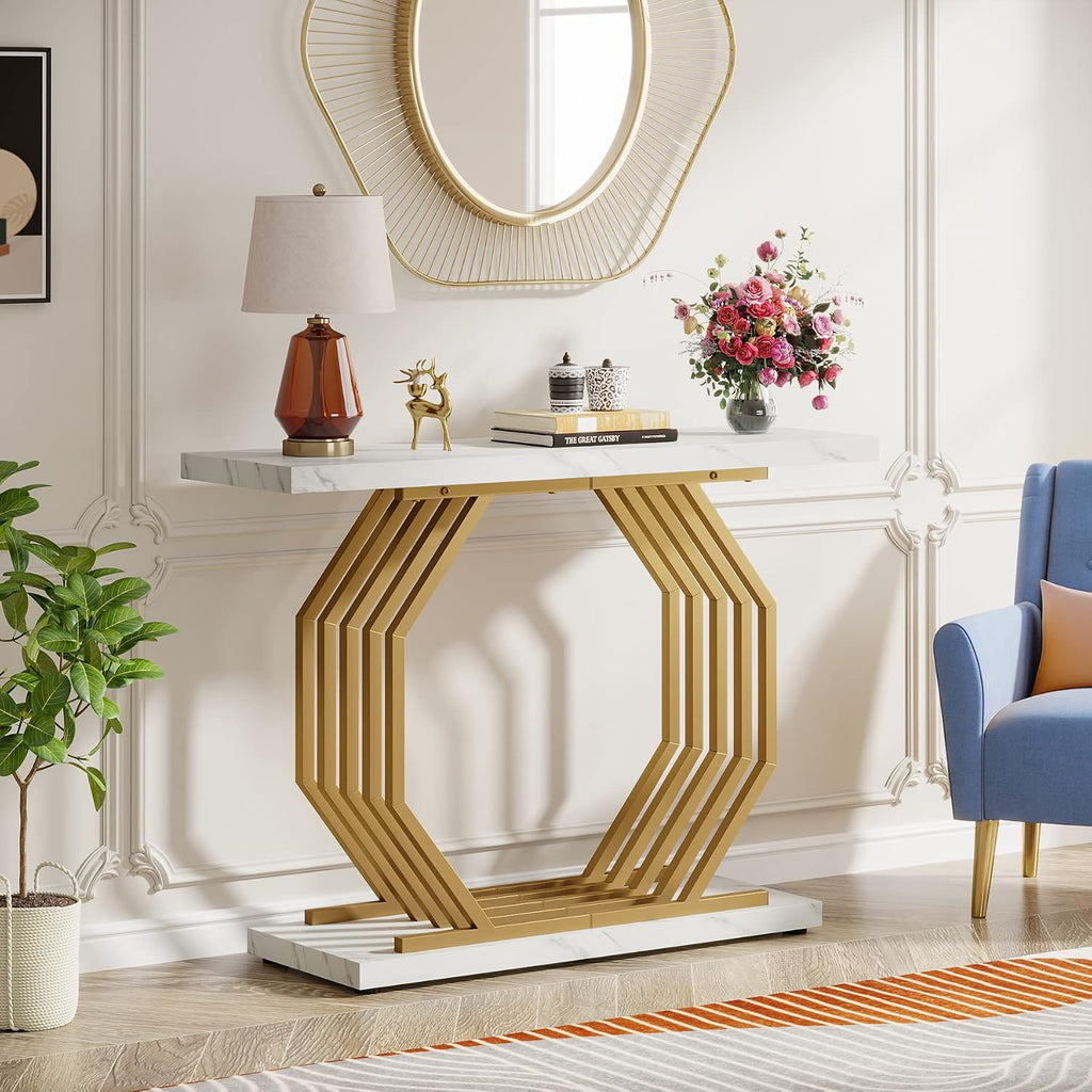 White‑Gold Faux Marble Console Table