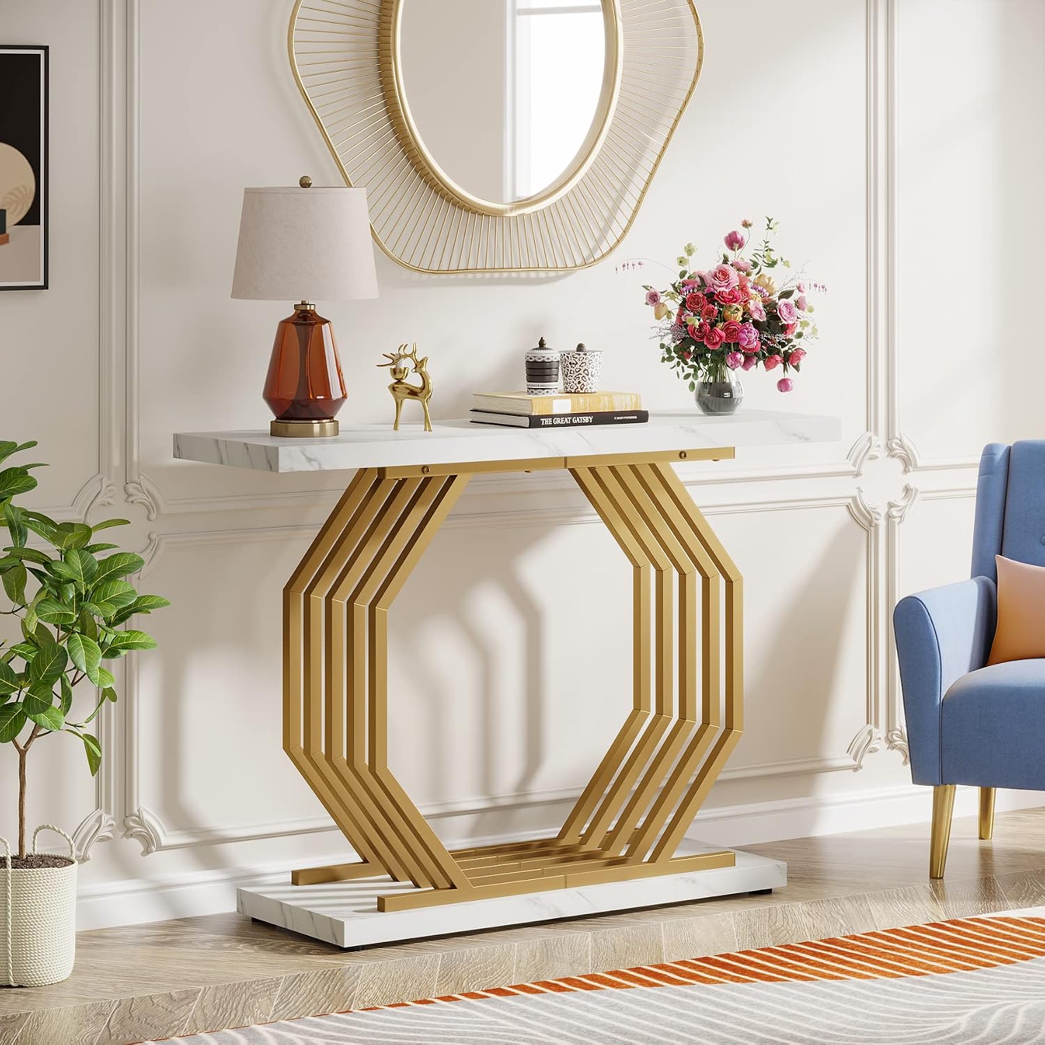 White‑Gold Faux Marble Console Table
