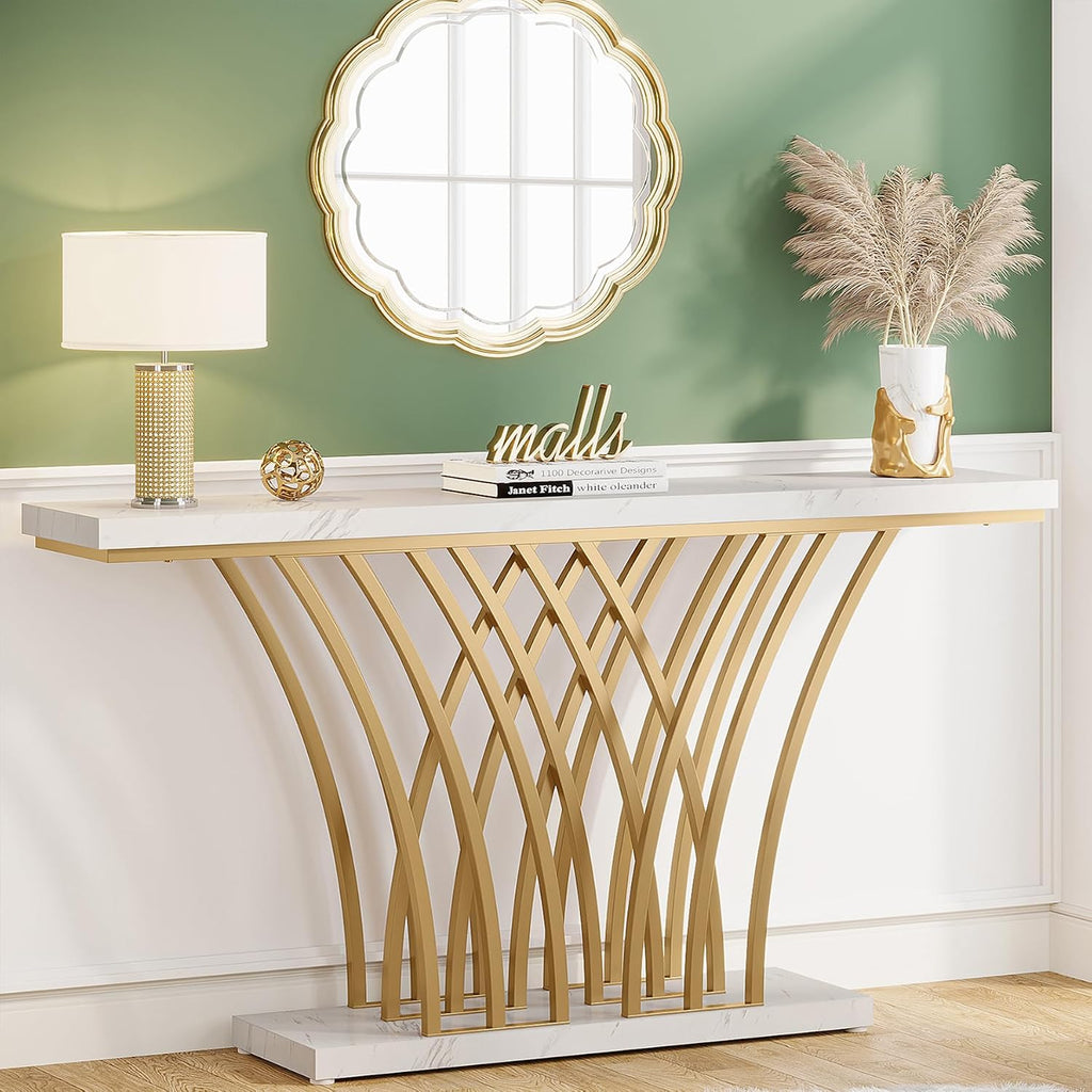 White Faux Marble Gold Console Table