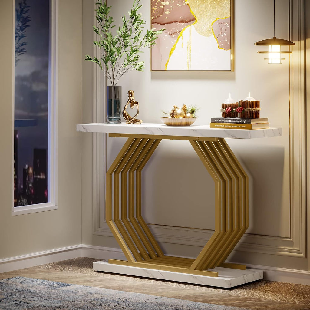 White‑Gold Faux Marble Console Table