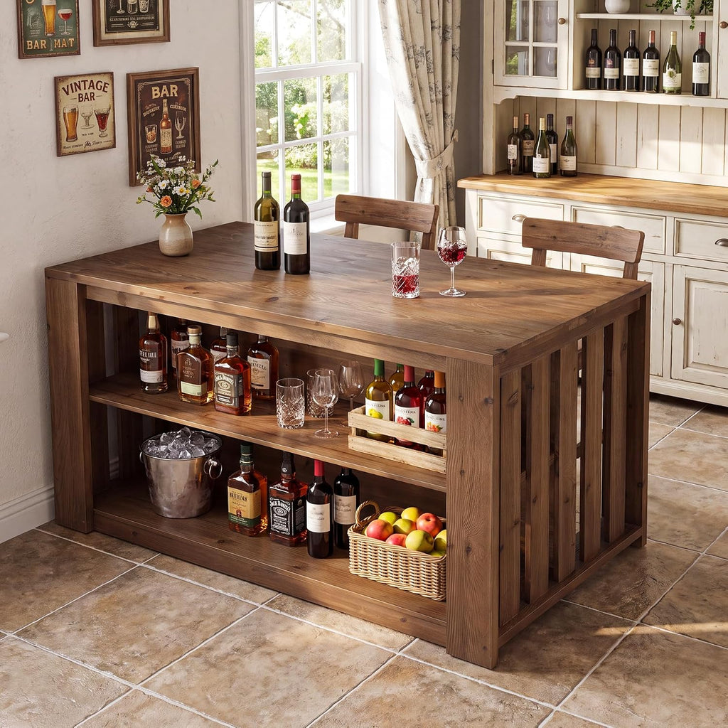 55 Inch 3‑Tier Solid Wood Kitchen Island