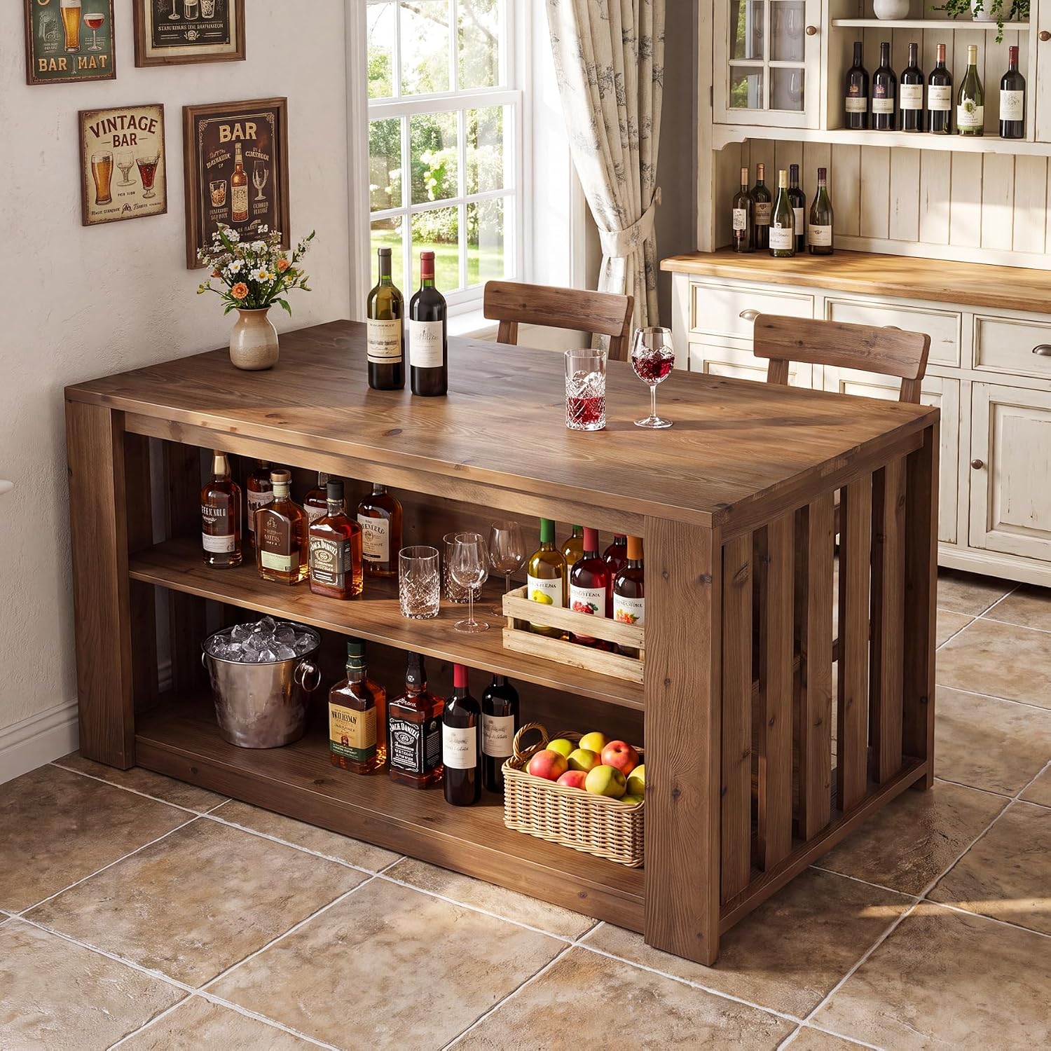 55 Inch 3‑Tier Solid Wood Kitchen Island