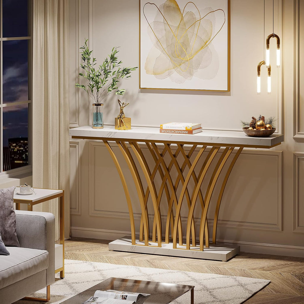 White Faux Marble Gold Console Table