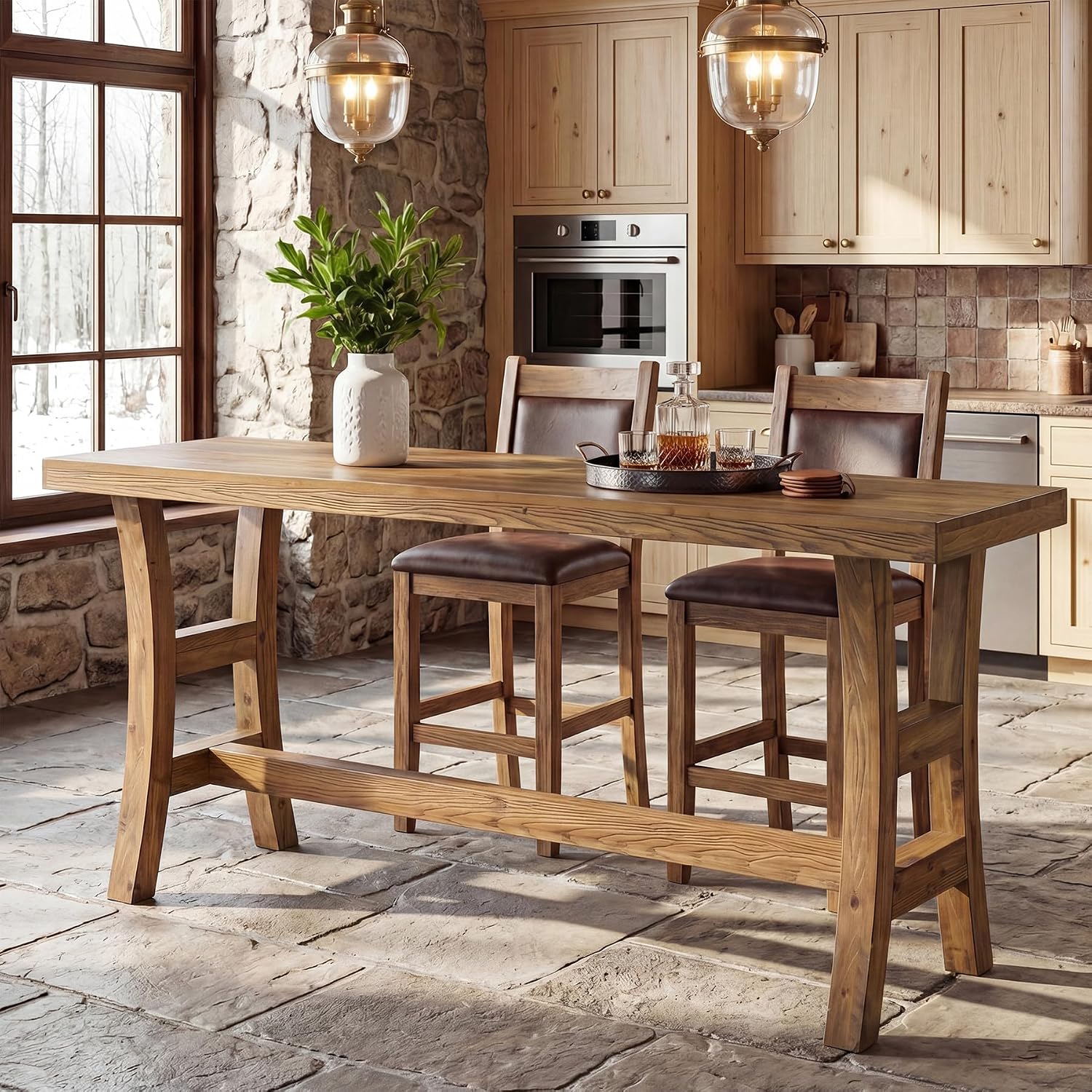 63 Inch Farmhouse Solid Wood Bar Table