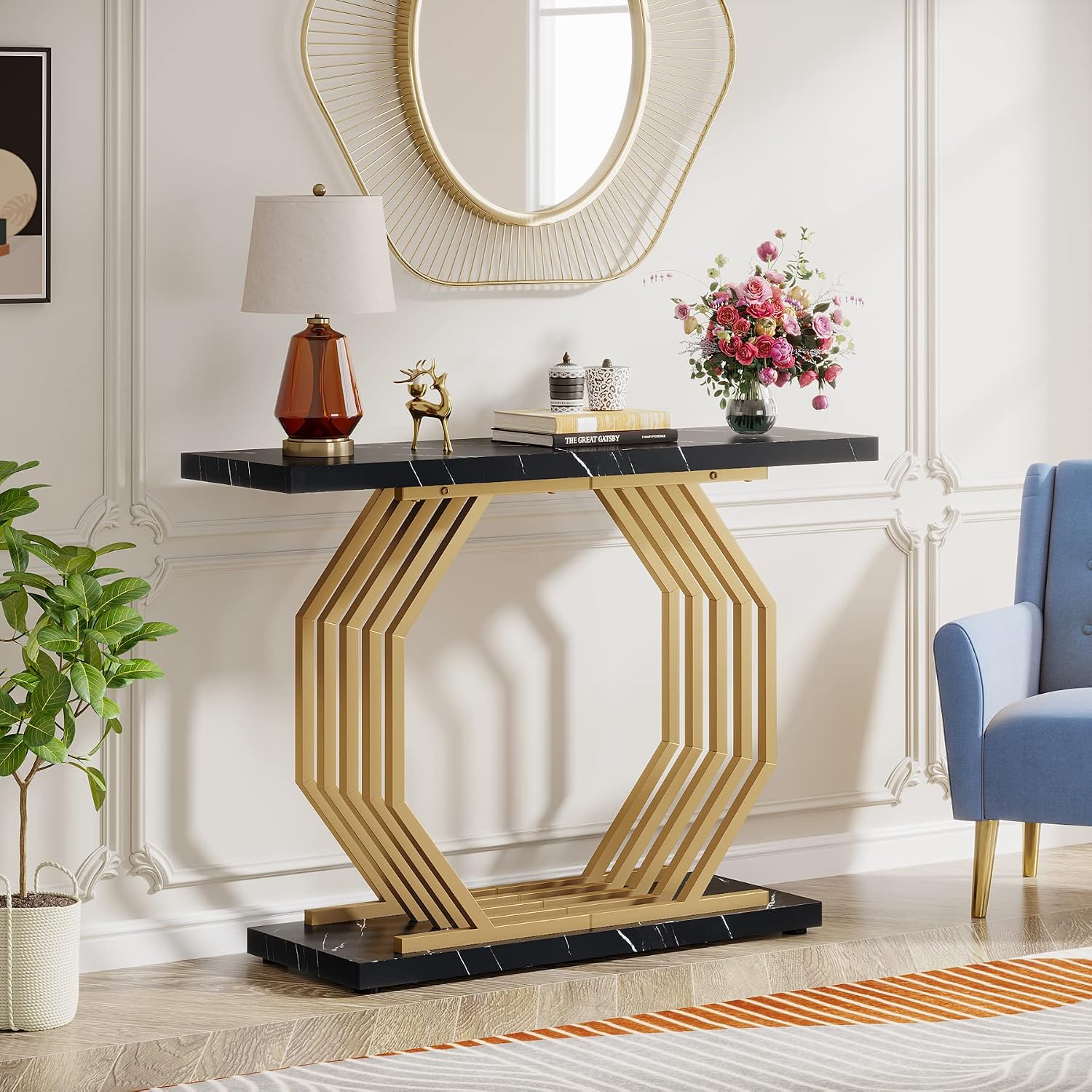 Black‑Gold Faux Marble Console Table