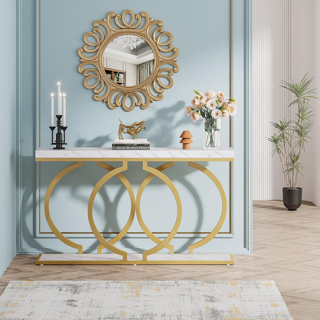 White‑Gold Faux Marble Console Table