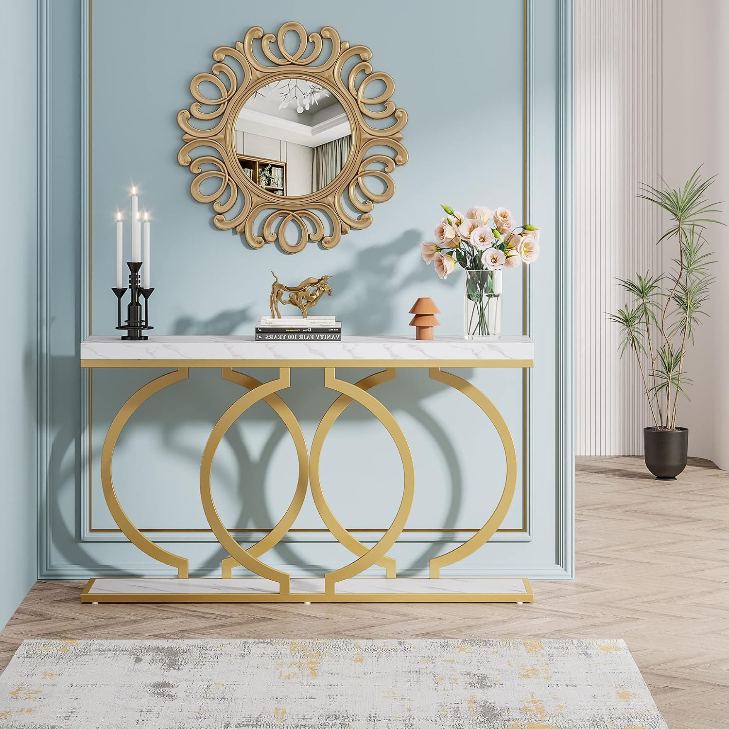White‑Gold Faux Marble Console Table