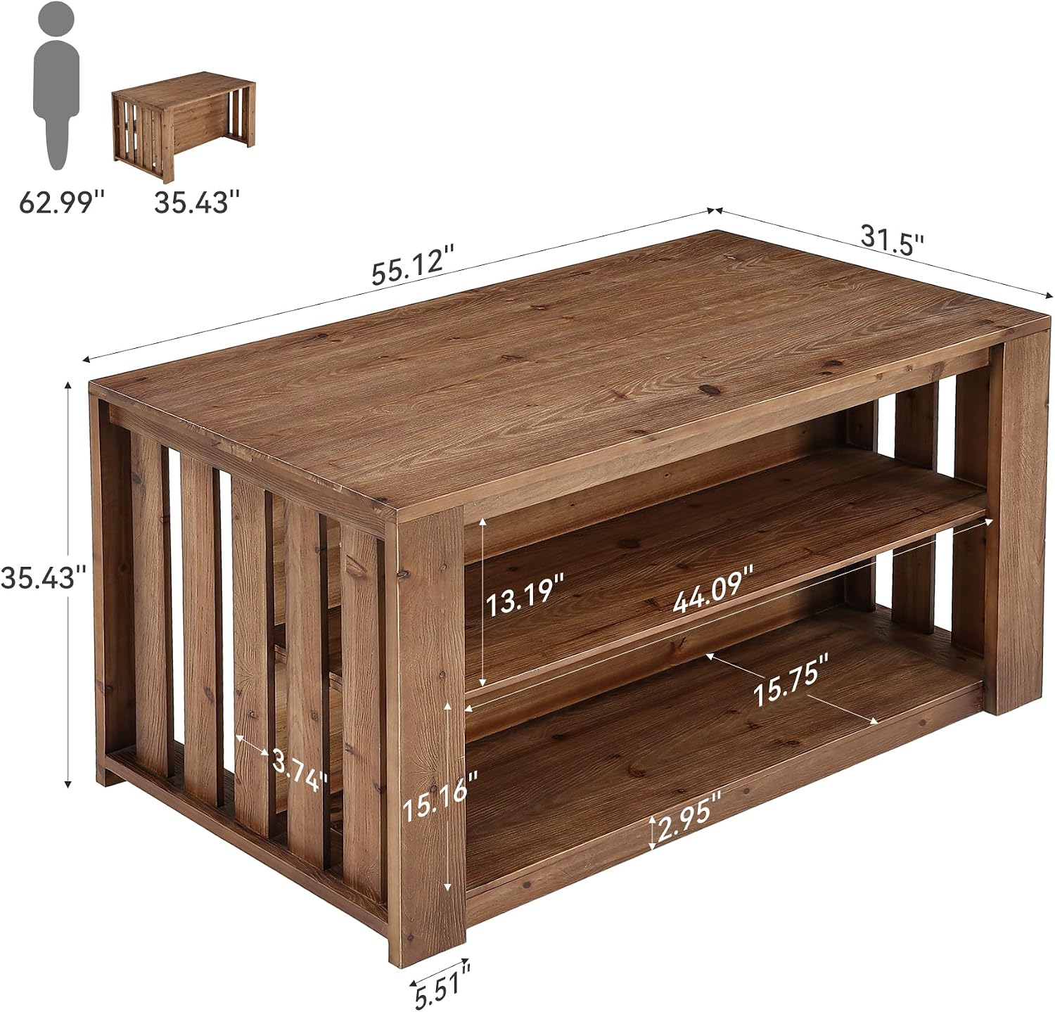 55 Inch 3‑Tier Solid Wood Kitchen Island