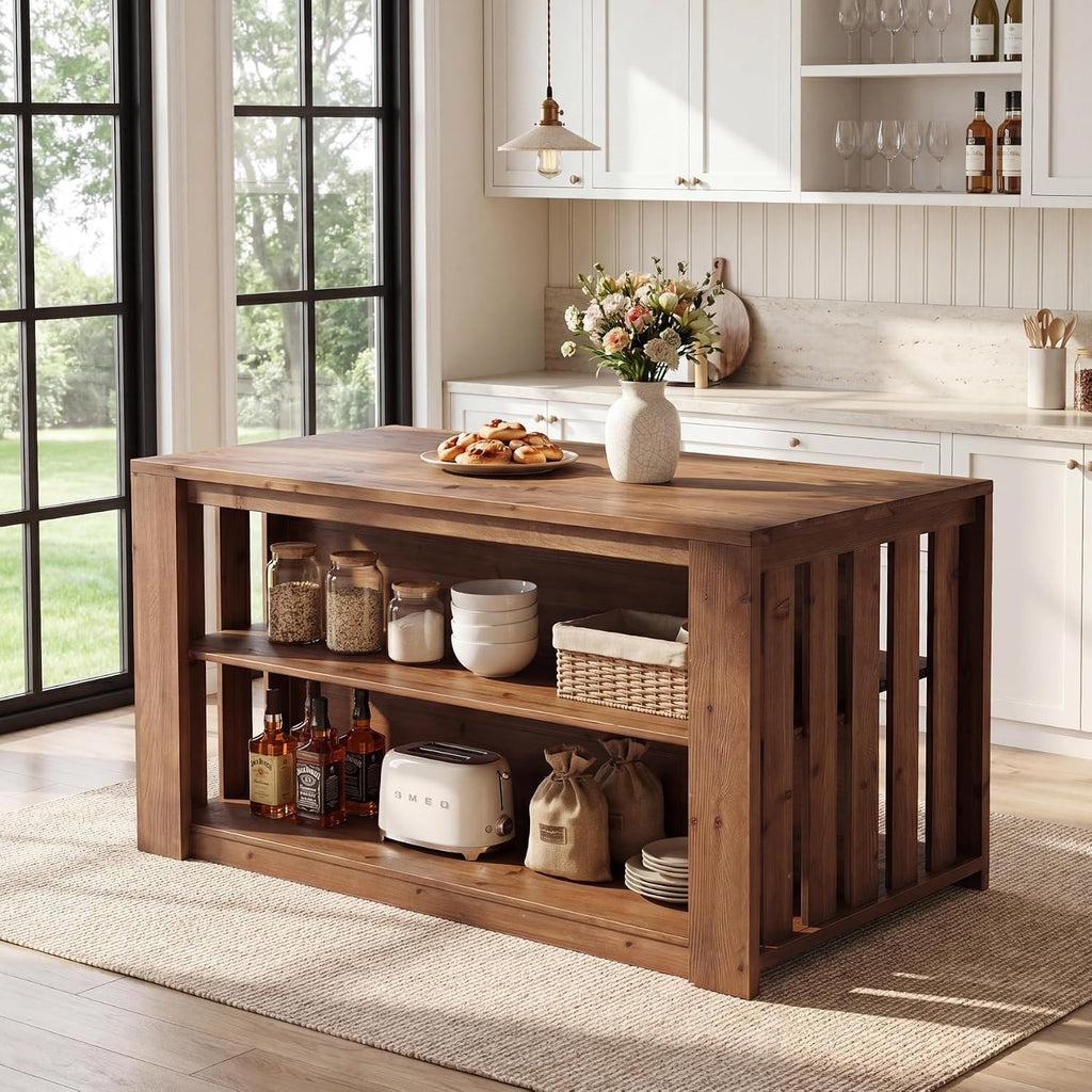 55 Inch 3‑Tier Solid Wood Kitchen Island
