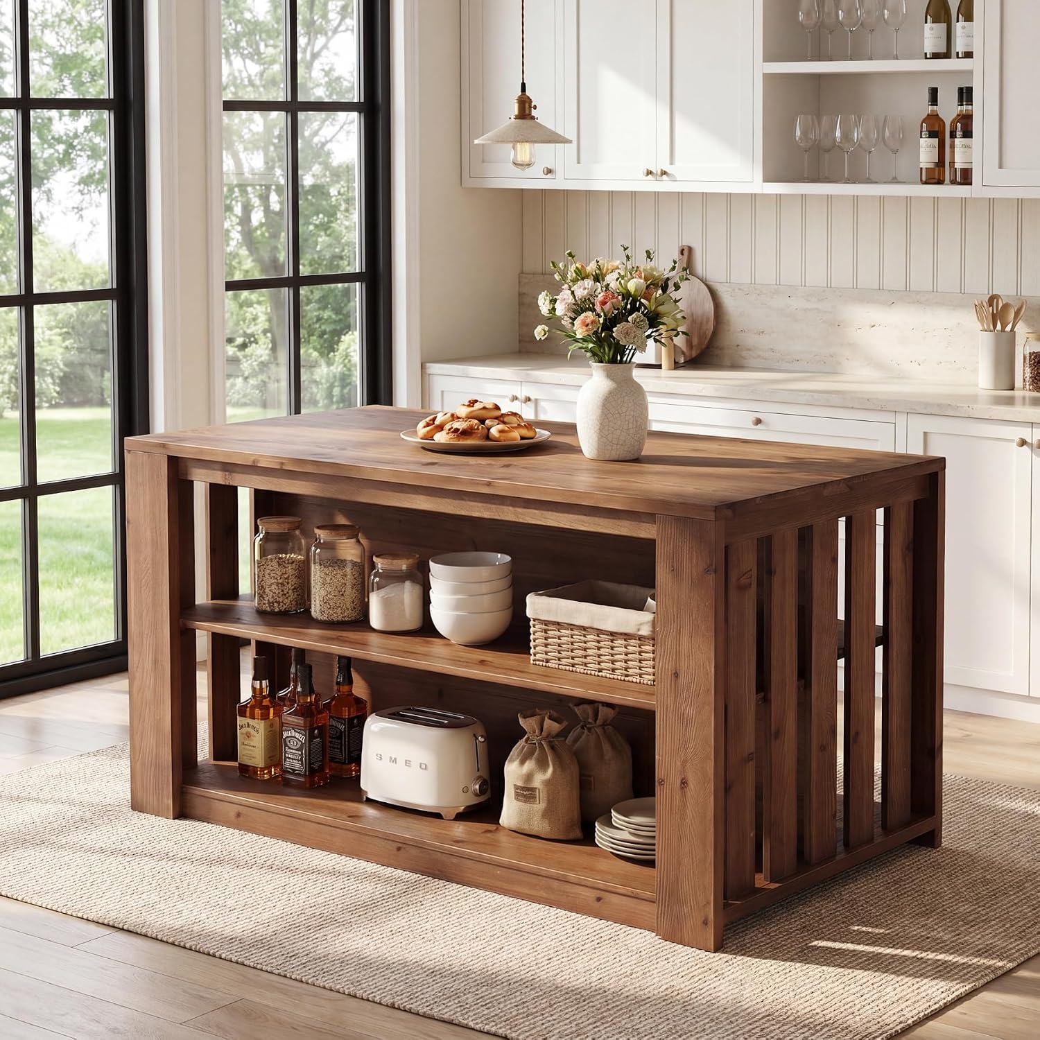 55 Inch 3‑Tier Solid Wood Kitchen Island