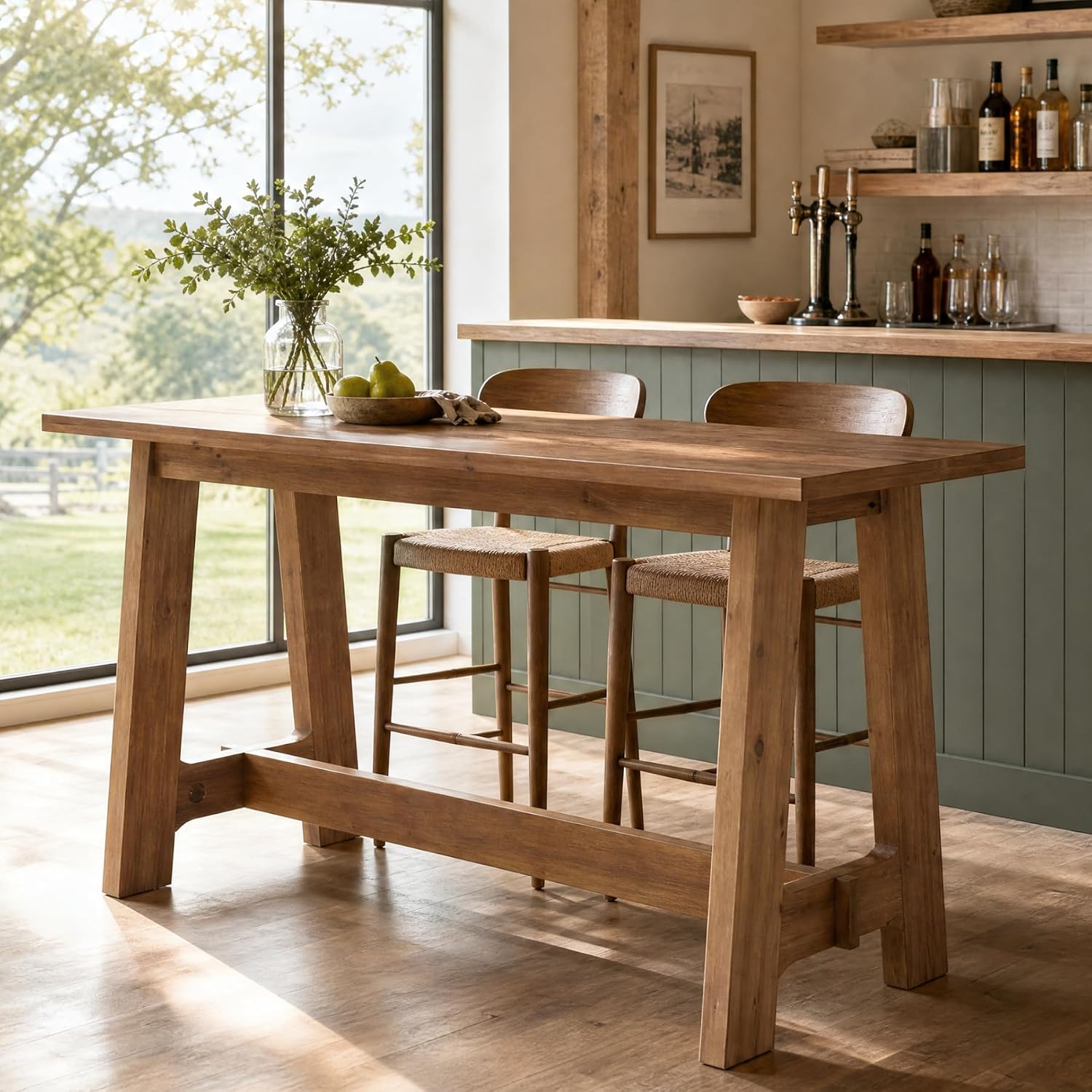 63 Inch Farmhouse Solid Wood Bar Table