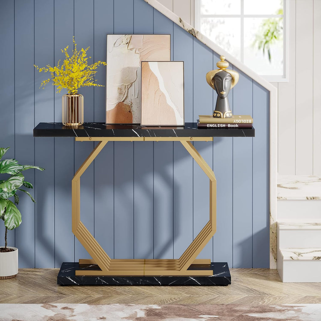 Black‑Gold Faux Marble Console Table