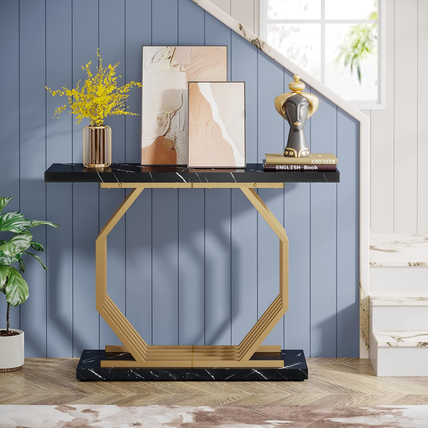 Black‑Gold Faux Marble Console Table