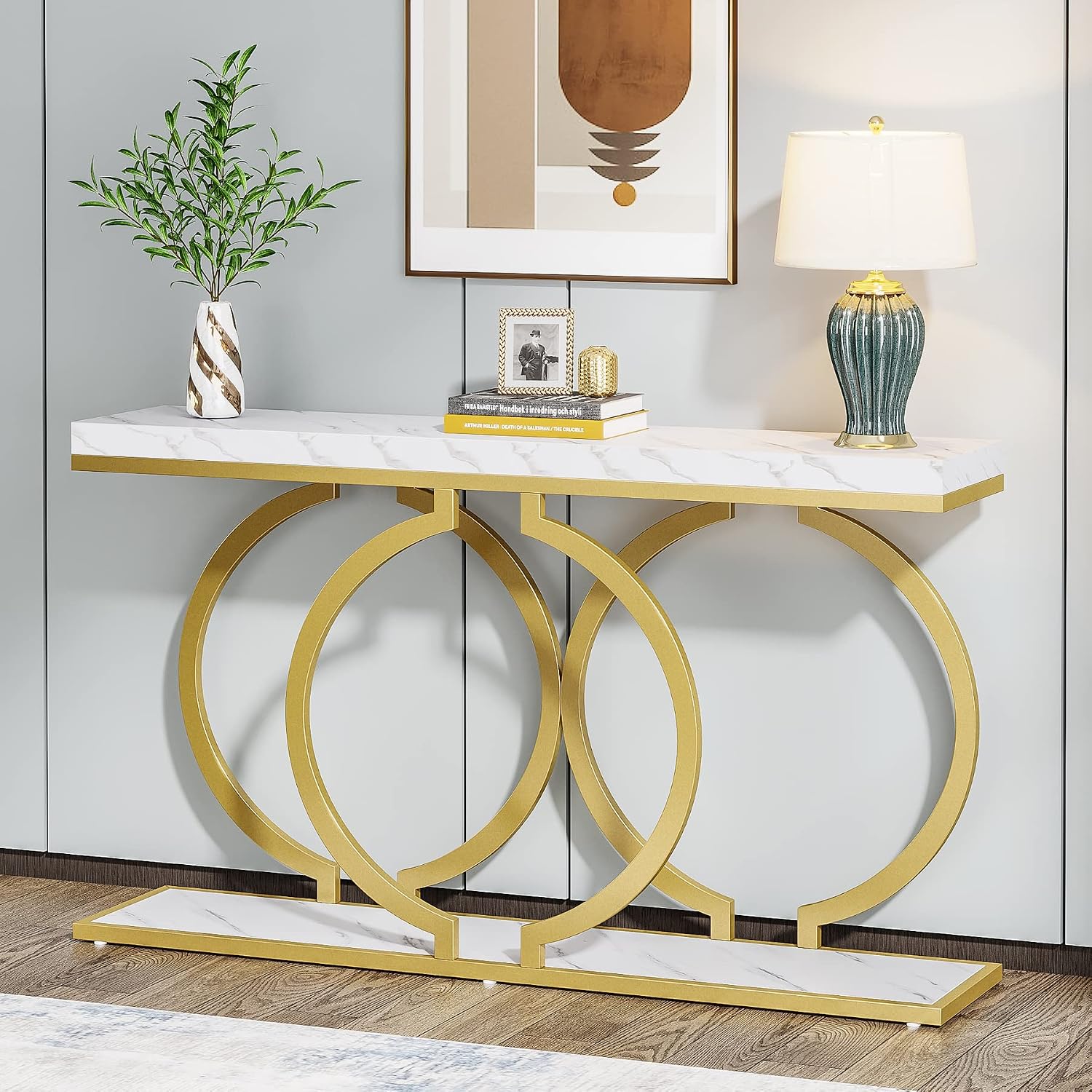 White‑Gold Faux Marble Console Table