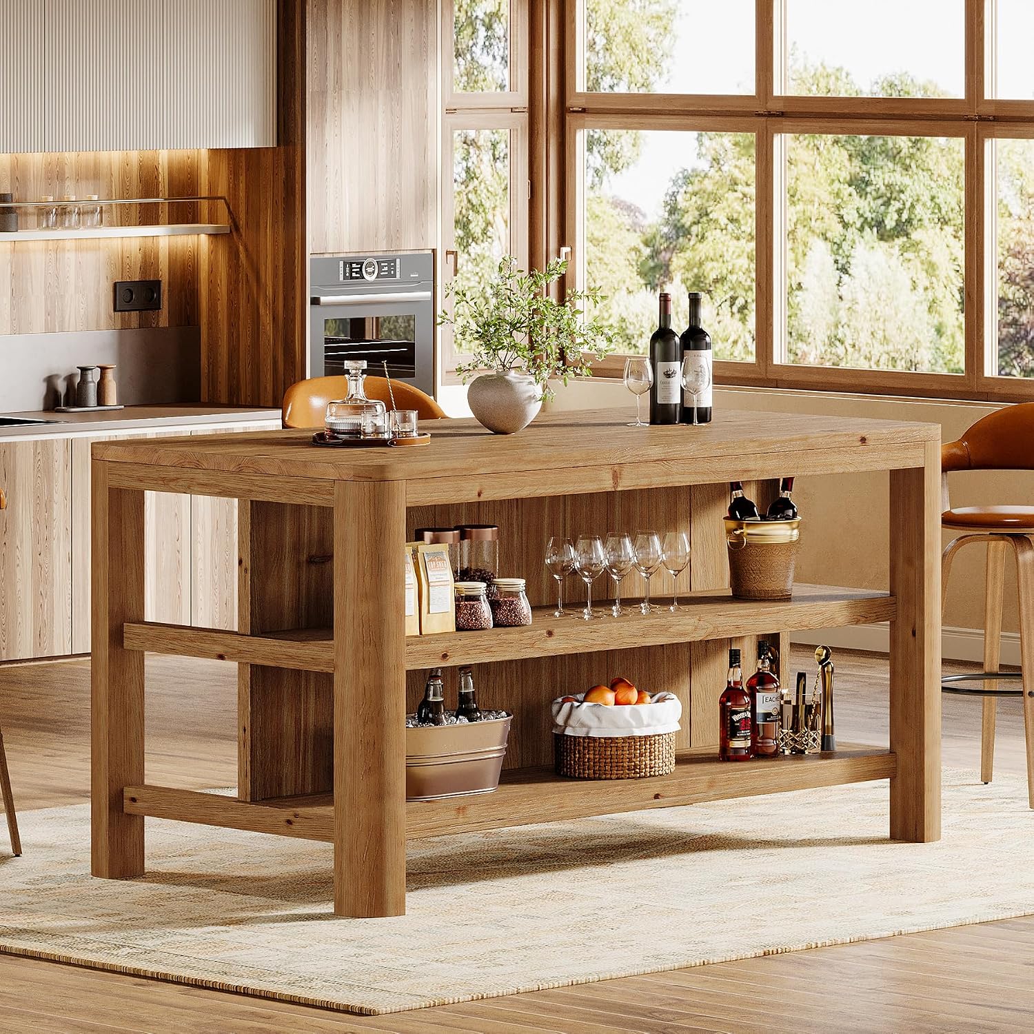 63 Inch Farmhouse Solid Wood Kitchen Island